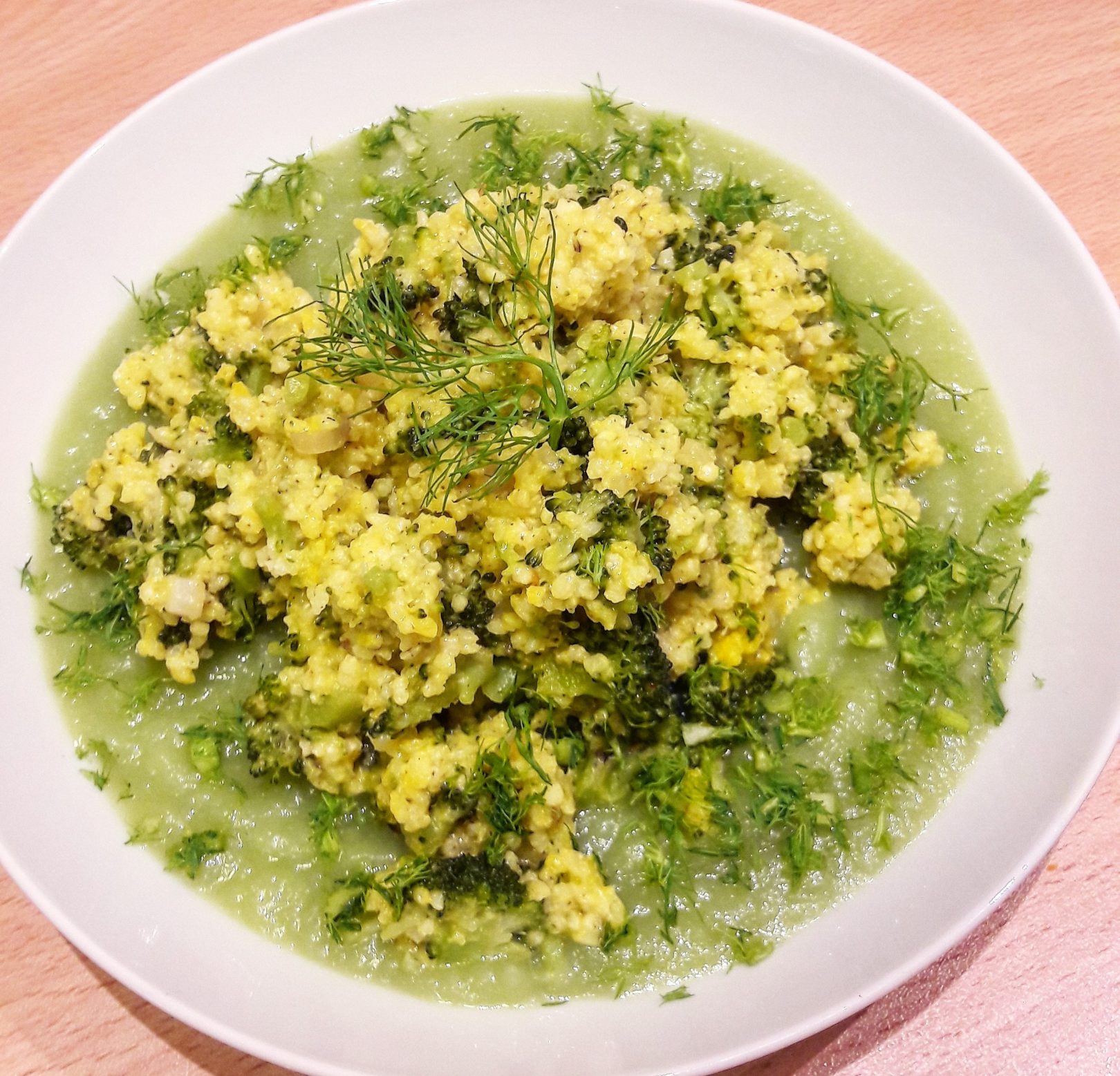 Migliotto con broccoletti e zafferano (su crema di gambi di broccolo e finocchio)